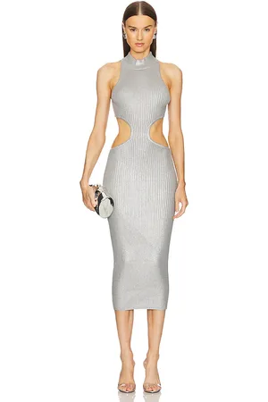 Michael Costello X REVOLVE Calista Cut Out Long Midi Dress in - Metallic Silver. Size L (also in M, S, XL).