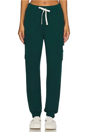 MONROW Supersoft Fleece Cuff Cargo Sweat Pant in - Dark Green. Size L (also in S, XL).
