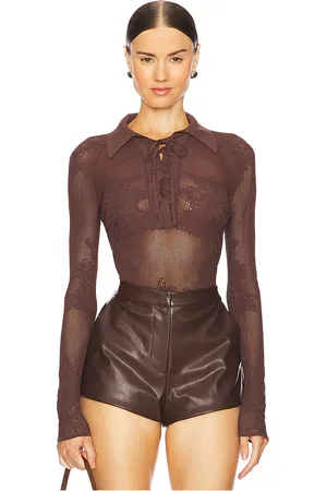 FLEUR DU MAL Lace Pointelle Collared Bodysuit in - Brown. Size L (also in M, XS).