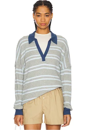 Free People X We The Free Striped Travis Polo Tee in - Blue. Size L (also in M, S).