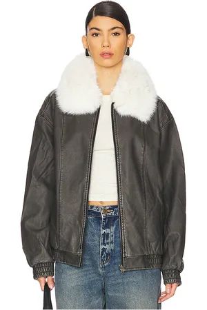 Show Me Your Mumu Motor City Faux Fur Jacket in - Charcoal. Size L (also in M, S, XL).