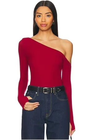 Michael Lauren Magdaleno Asymmetrical Fitted Cold Shoulder Long Sleeve Top in - Red. Size L (also in M, S, XL, XS).