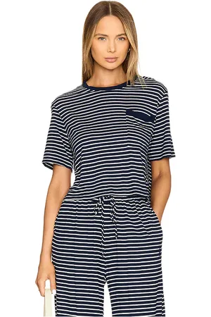 MONROW Stripe Crop Pocket Tee in - Navy. Size M (also in S).