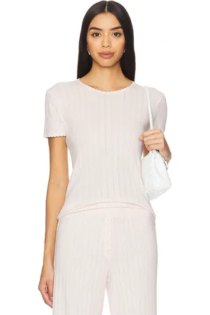 Leset Pointelle Slim Fit Tee in - Blush. Size L (also in M, S, XL, XS).