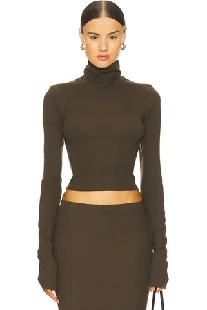 ÉTERNE Cropped Fitted Turtleneck Top in - Army. Size L (also in XL, XS).