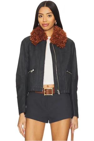 Free People X REVOLVE Jayce Faux Leather Jacket With Faux Fur Trim in - Black. Size L (also in M, S, XL, XS).
