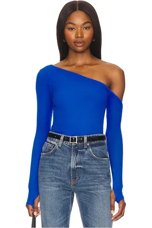 Michael Lauren Magdalino Asymmetrical Fitted Cold Shoulder Long Sleeve Top in - Blue. Size L (also in S, XL, XS).