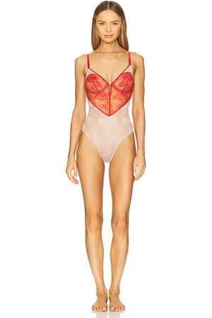 FLEUR DU MAL Bouquet Lace Heart Bodysuit in - Red. Size L (also in M, S, XS).