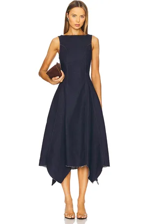 EB DENIM Cara Boat Neck Long Dress in - Blue. Size L (also in M, S, XS).