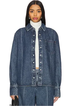 GRLFRND Mae Button Down in - Blue. Size L (also in M, S, XL, XS, XXS).