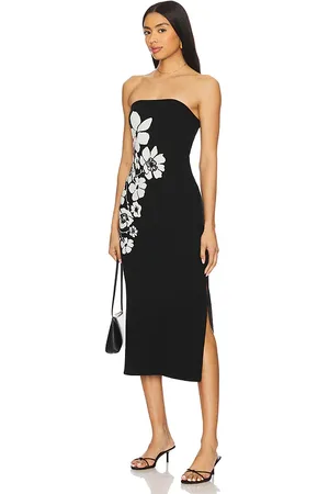 Milly Placed Floral Strapless Knit Midi Dress in - Black. Size L (also in M, P, S).