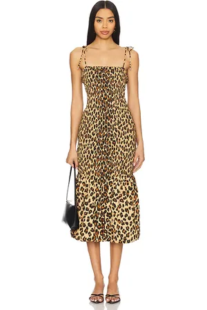 SIMON MILLER Canto Smocked Poplin Dress in - Brown. Size L (also in M, S, XL, XS).