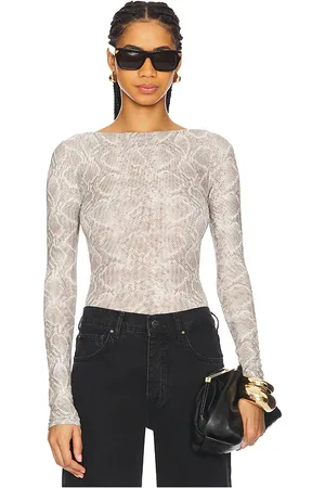 GOOD AMERICAN Mesh Boatneck Bodysuit in - Neutral. Size L (also in M, S, XS, XXXL/3X).