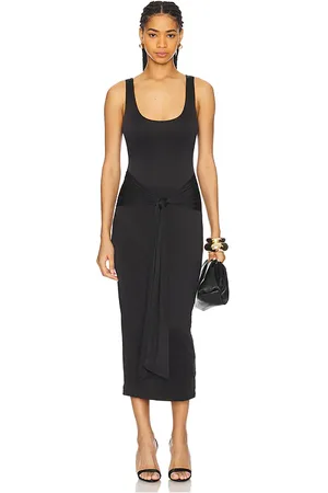 GOOD AMERICAN Slinky Jersey Ruched Midi Dress in - Black. Size L (also in M, S, XS, XXL/2X, XXXXL/4X).