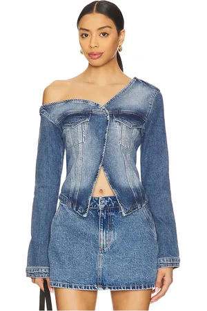 GOOD AMERICAN Asymmetric Denim Shirt in - Blue. Size L (also in M, S, XS).