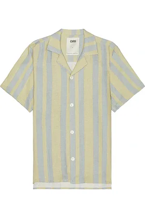 Oas Mist Strata Cuban Linen Shirt in - Blue,Yellow. Size L (also in M, XL/1X).