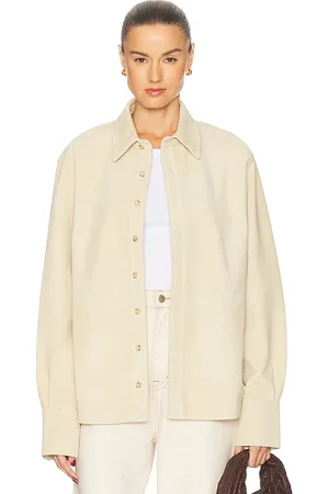 GRLFRND Mae Suede Shirt in - Beige. Size L (also in M, S, XL, XS, XXS).