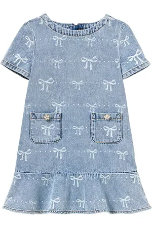 Self-Portrait Kids Bow Denim Dress in - Blue. Size 3/4T (also in 4/5T, 5/6T, 6/7).