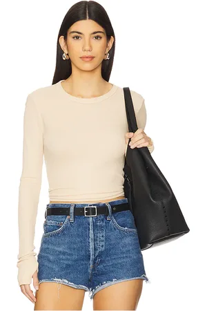 Michael Lauren Axl Crop Fitted Top in - Nude,Neutral. Size L (also in M, S, XL, XS).