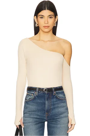 Michael Lauren Magdaleno Long Sleeve Asymmetrical Fitted Cold Shoulder Top in - Nude,Neutral. Size L (also in M, S, XL, XS).