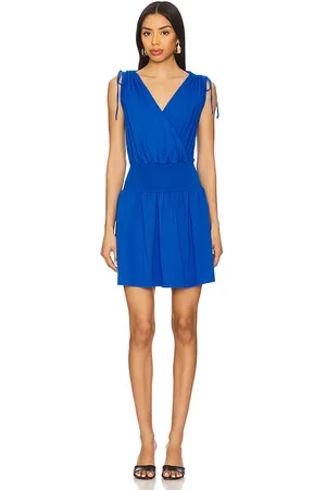 Bobi Surplice Smocked Waist Dress in - Royal. Size L (also in M, S, XL, XS).