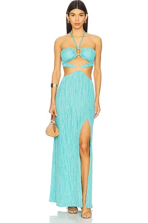 Luli Fama Double Loop Bandeau Long Dress in - Teal. Size L (also in M, S, XS).