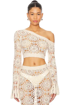 Tularosa Luanne Cold Shoulder Top in - Beige. Size L (also in M, S, XS).