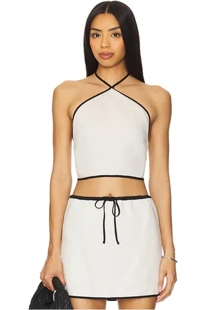 ONIA Air Linen Cropped Halter Top in - Ivory. Size L (also in M, S, XL, XS).