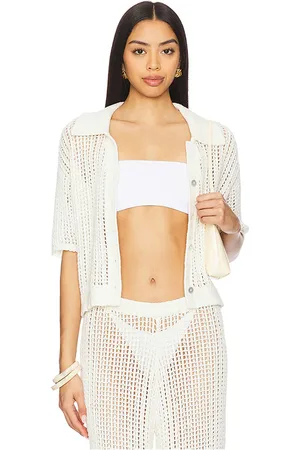 La Porte Ophelia Windowpane Knit Top in - Cream. Size L (also in M, S, XL, XS).