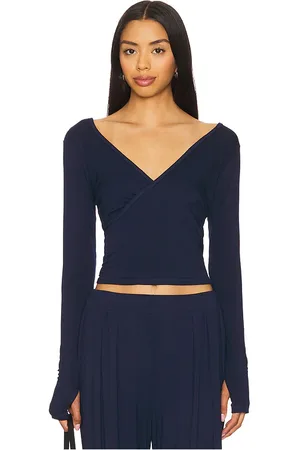 Michael Lauren Aziel Long Sleeve Cross Front Top in - Navy. Size L (also in M, S, XL, XS).