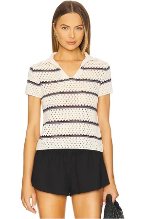 Vince Macrame Stripe Henley Top in - Cream. Size L (also in M, S, XS).