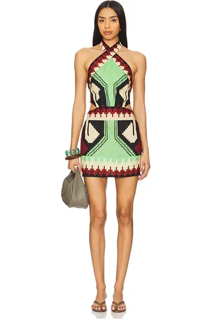 JOHANNA ORTIZ Tide Strength Mini Dress in Swim Ayahuasca Green & Black Paprika & Ecru - Rust. Size 2 (also in 4, 6, 8).