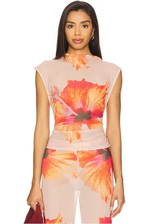 GOOD AMERICAN Gauze Mesh Mock Neck Tank Top in - Orange,Neutral. Size S (also in XS).