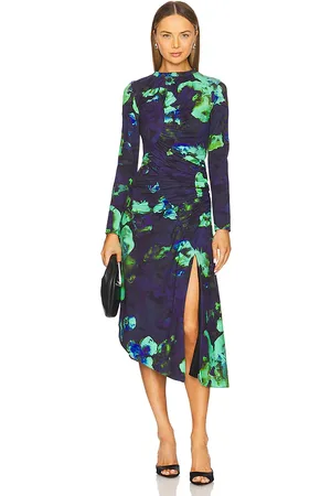 AMUR Milani Printed Midi Dress in - Blue. Size 0 (also in 10, 6).