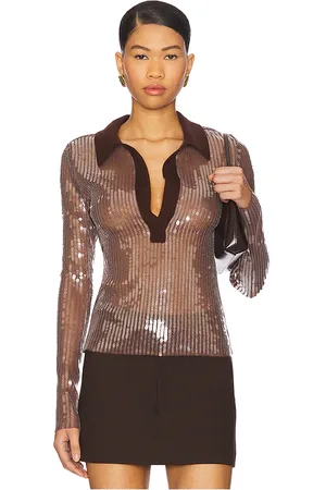 MONSE Sequin Polo Top in - Brown. Size L (also in M, S).