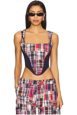 DANIELLE GUIZIO Mina Patchwork Corset in - Red. Size L (also in M, S, XS, XXS).