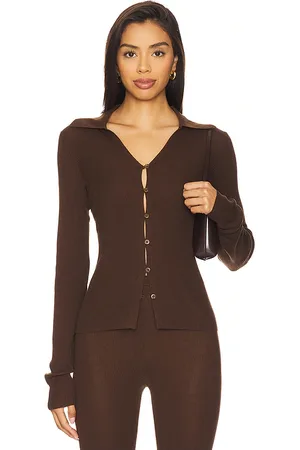 EAVES Bailee Rib Cardigan in - Chocolate. Size L (also in M, S, XL, XS, XXS).