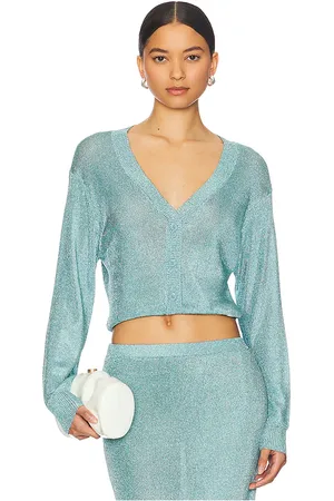 SER.O.YA Moni Metallic Cardigan Top in - Blue. Size L (also in M, S, XL, XS, XXS).
