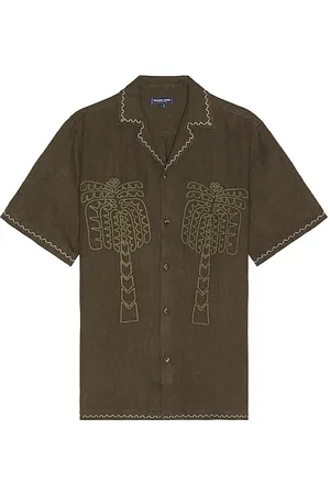 Frescobol Carioca Flavio Palmeira Embroidered Linen Shirt in - Olive. Size L (also in M, S, XL/1X).