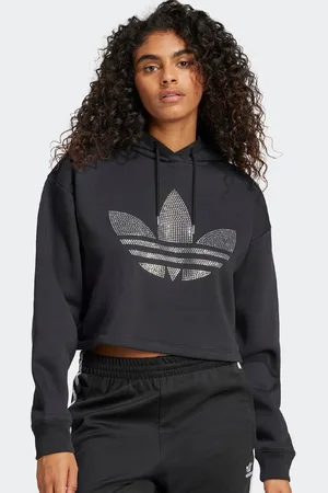 adidas Rhinestone Trefoil Loose Crop Hoodie mulheres Casacos com capuz e sweatshirts preto tamanho S Vestuário