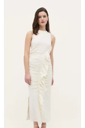 Stradivarius Mulher Vestidos Midi - Tradivarius Vestido Midi Com Franzido E Renda
