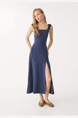 Stradivarius Vestido fluido midi cruzado nas costas com linho L