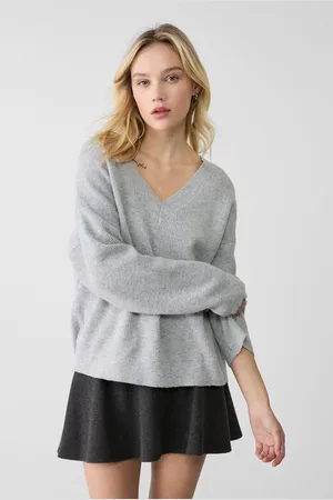 Stradivarius Camisola com decote em bico de malha tipo feltro L
