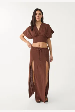 Stradivarius Saia midi com aberturas em algodão M