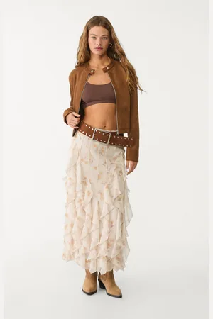Stradivarius Saia midi com folhos e estampada XL