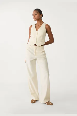Stradivarius Calças retas fluidas com linho às riscas 42