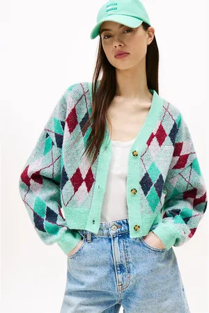 Tommy Hilfiger Cropped Argyle Cardigan With Wool