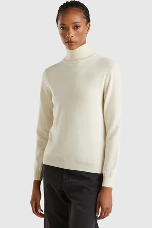 Benetton Camisola De Gola Alta Cor Nata Em Pura Lã Merino L Branco Nata