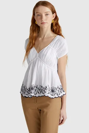Benetton Blusa De Manga Curta Com Bordados Florais L Branco