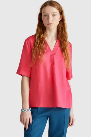 Benetton Blusa De Manga Curta Em Linho Puro L Morango